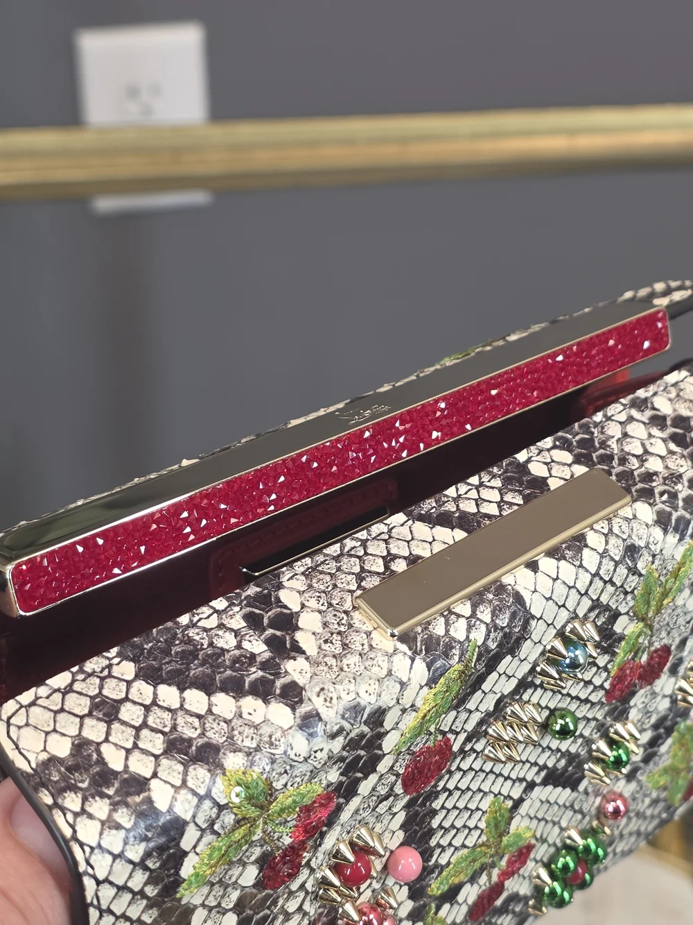 Christian Louboutin White Python-Print Crossbody with Red Cherry Embellishments